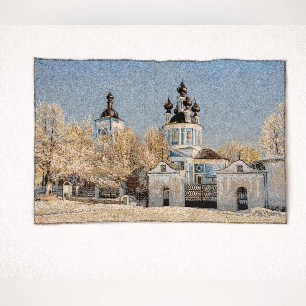 Woven Tapestry Wall Hanging Winter Church Scene 19.7 x 29.5